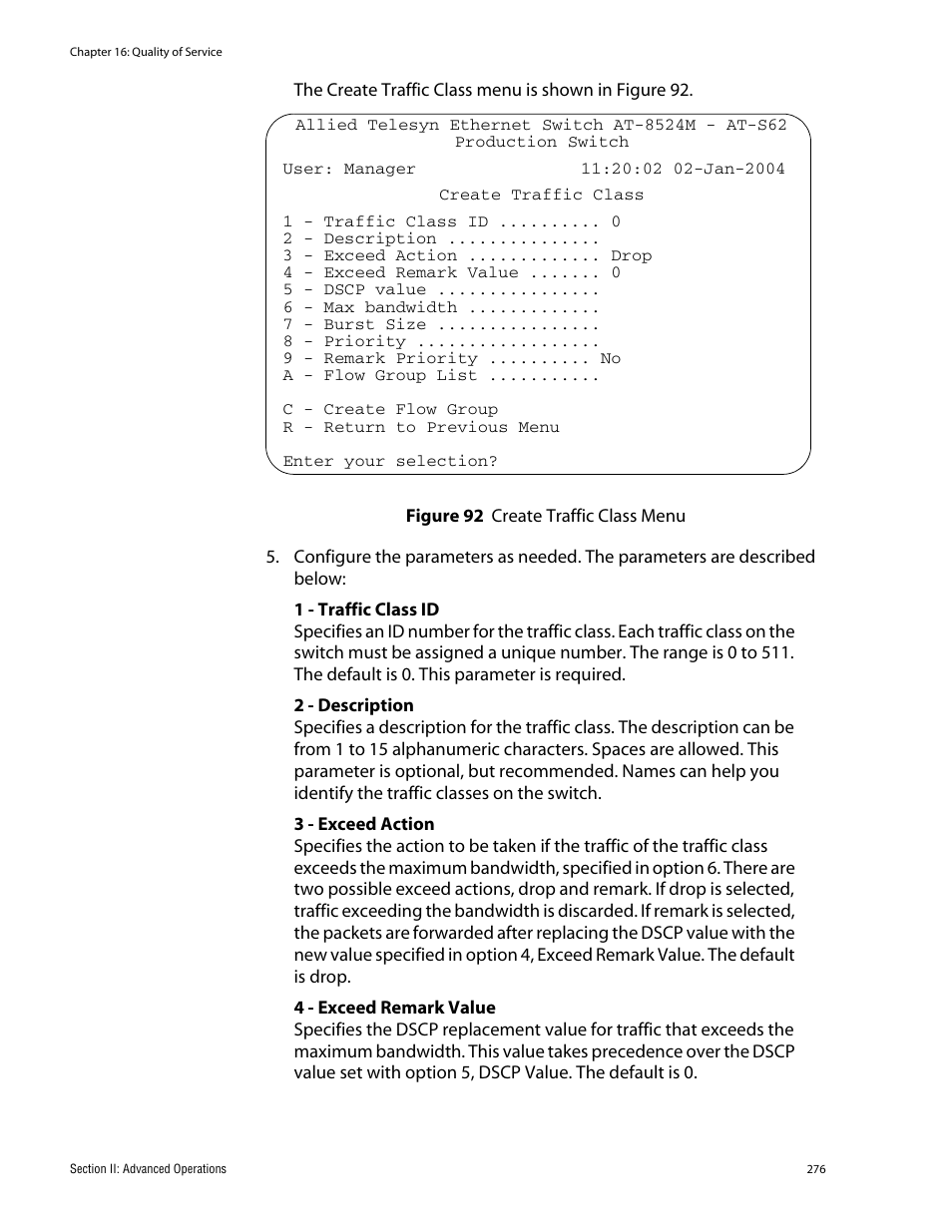 Figure 92: create traffic class menu | Allied Telesis AT-S62 User Manual | Page 276 / 760