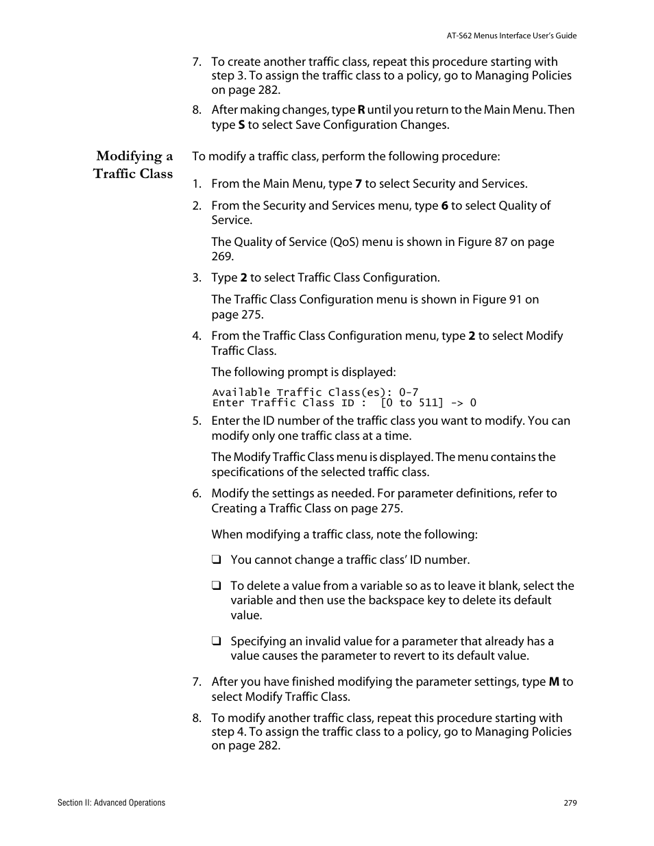 Modifying a traffic class | Allied Telesis AT-S62 User Manual | Page 279 / 760