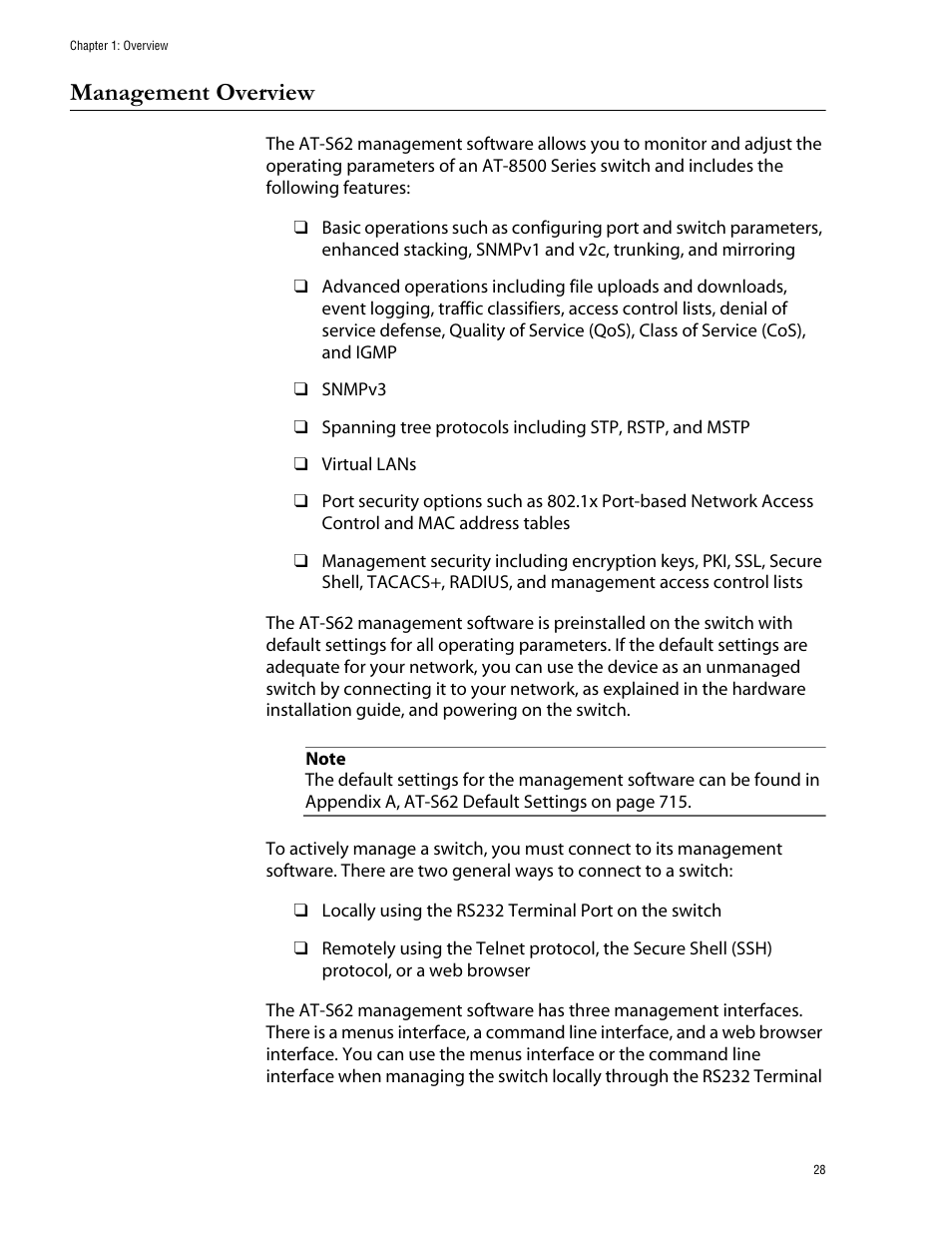 Management overview | Allied Telesis AT-S62 User Manual | Page 28 / 760