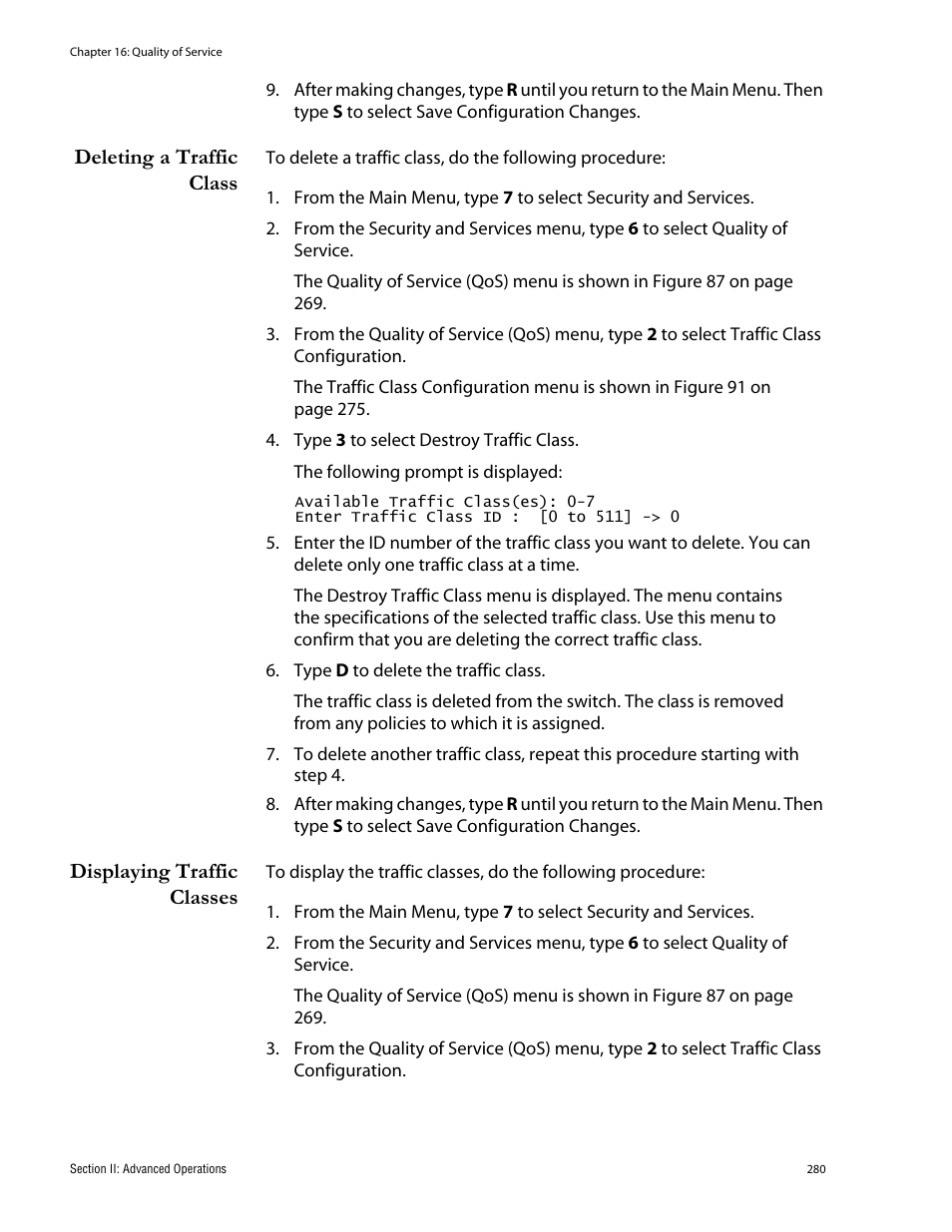 Deleting a traffic class, Displaying traffic classes | Allied Telesis AT-S62 User Manual | Page 280 / 760