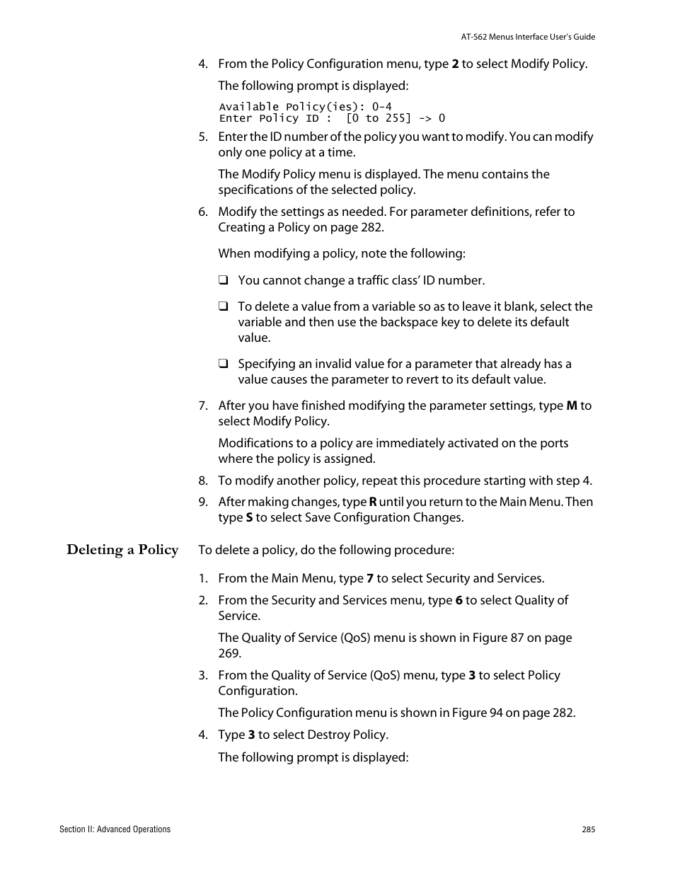 Deleting a policy | Allied Telesis AT-S62 User Manual | Page 285 / 760