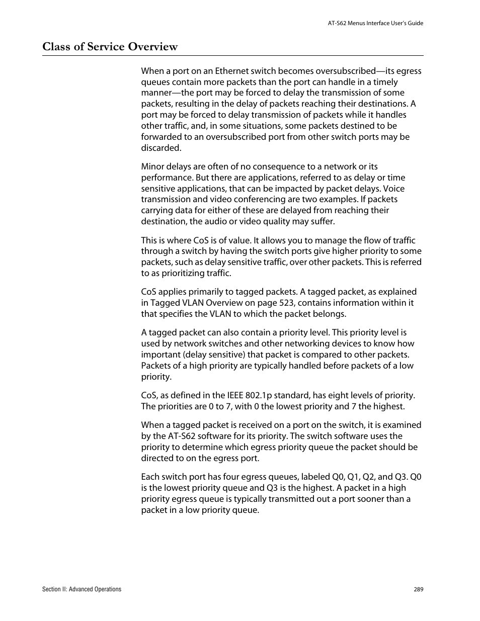 Class of service overview | Allied Telesis AT-S62 User Manual | Page 289 / 760