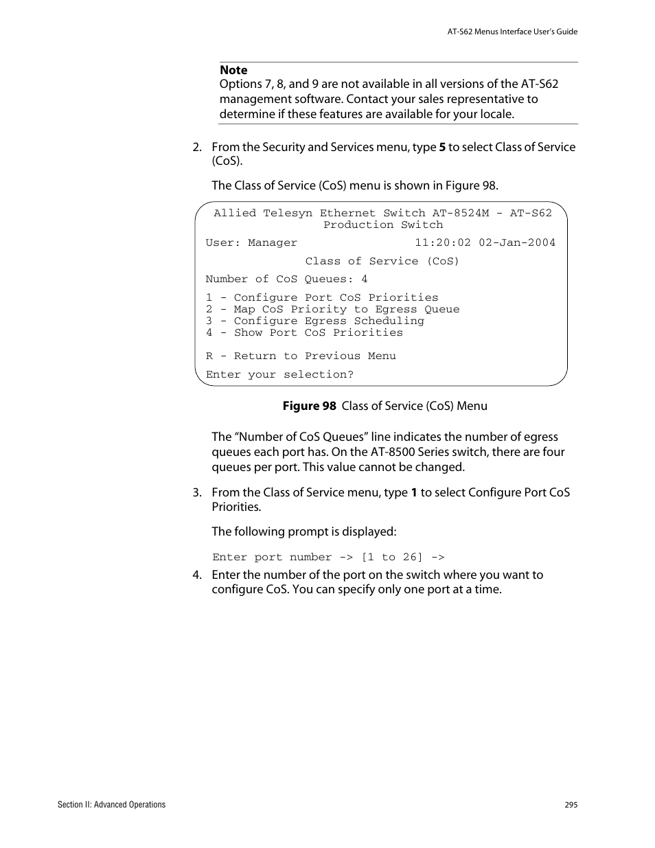 Figure 98: class of service (cos) menu | Allied Telesis AT-S62 User Manual | Page 295 / 760