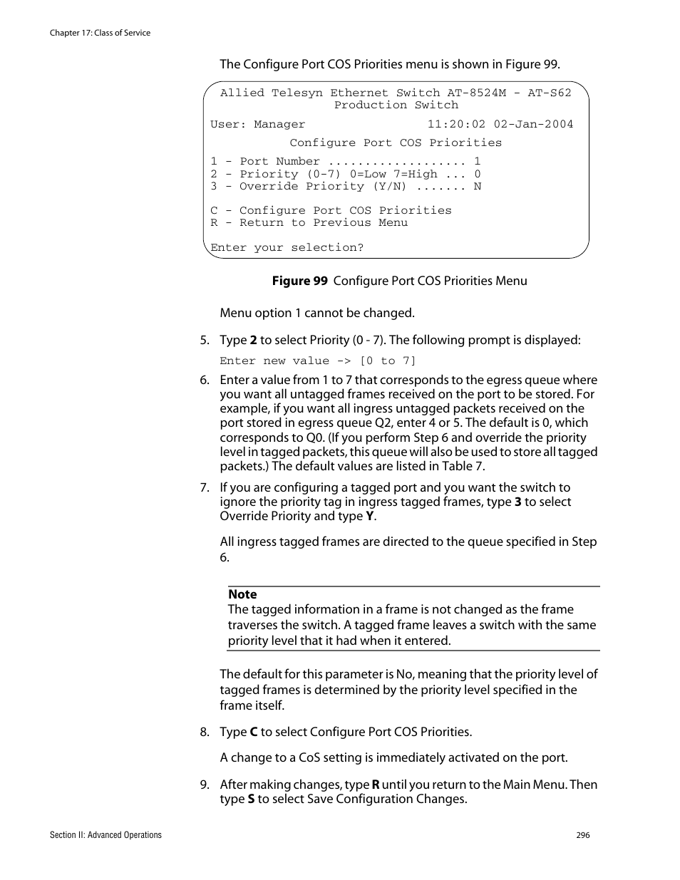 Figure 99: configure port cos priorities menu | Allied Telesis AT-S62 User Manual | Page 296 / 760