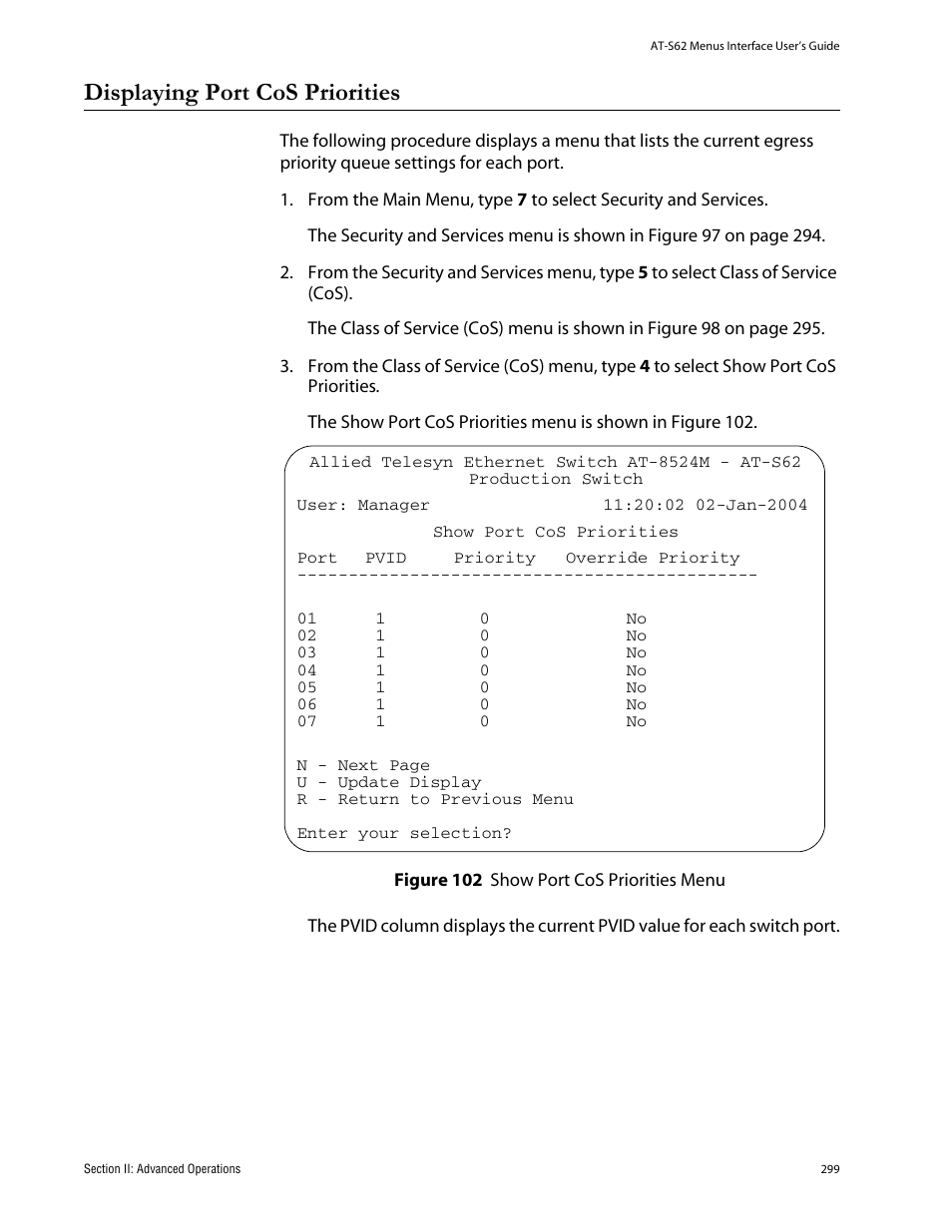 Displaying port cos priorities, Show port cos priorities menu | Allied Telesis AT-S62 User Manual | Page 299 / 760
