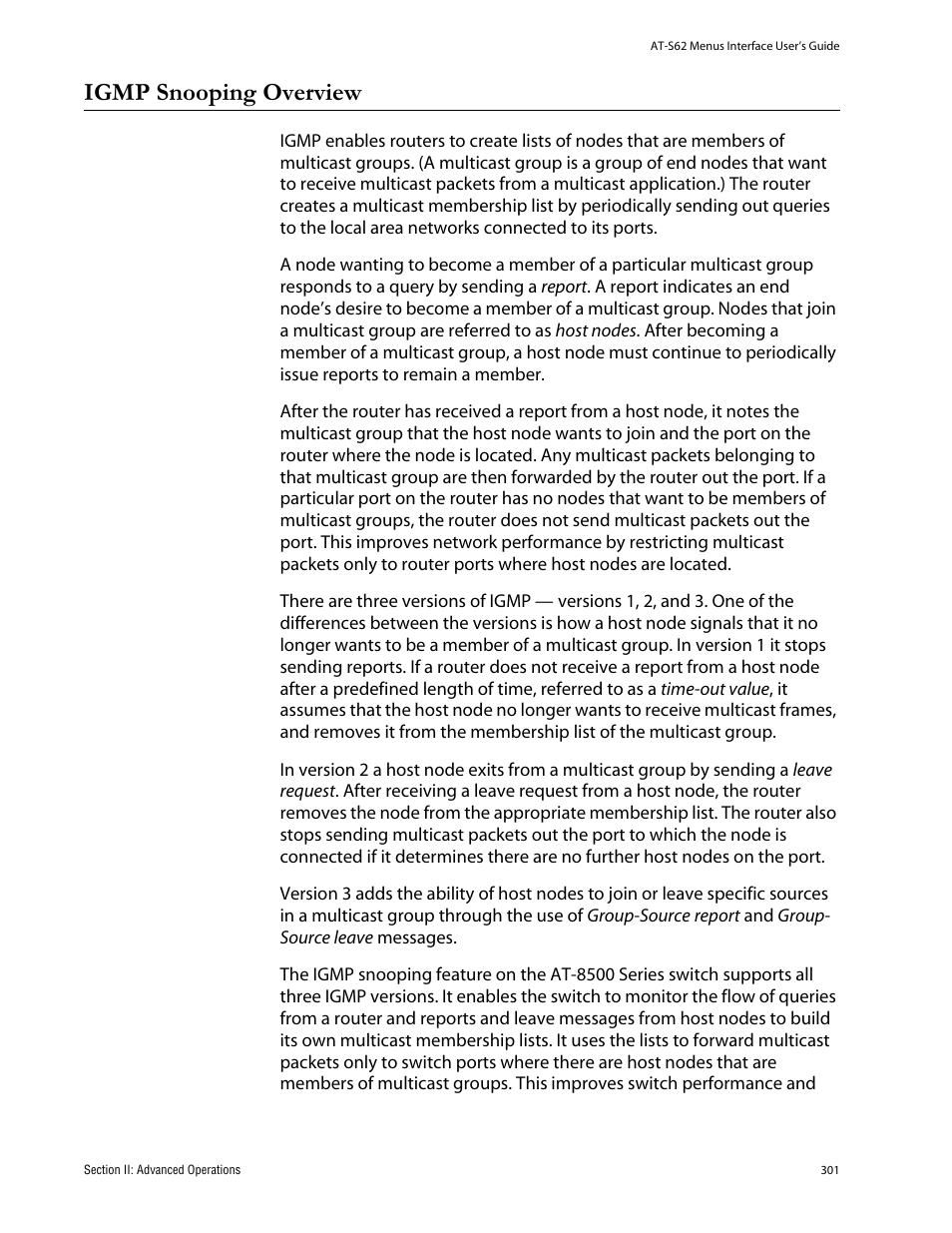 Igmp snooping overview | Allied Telesis AT-S62 User Manual | Page 301 / 760