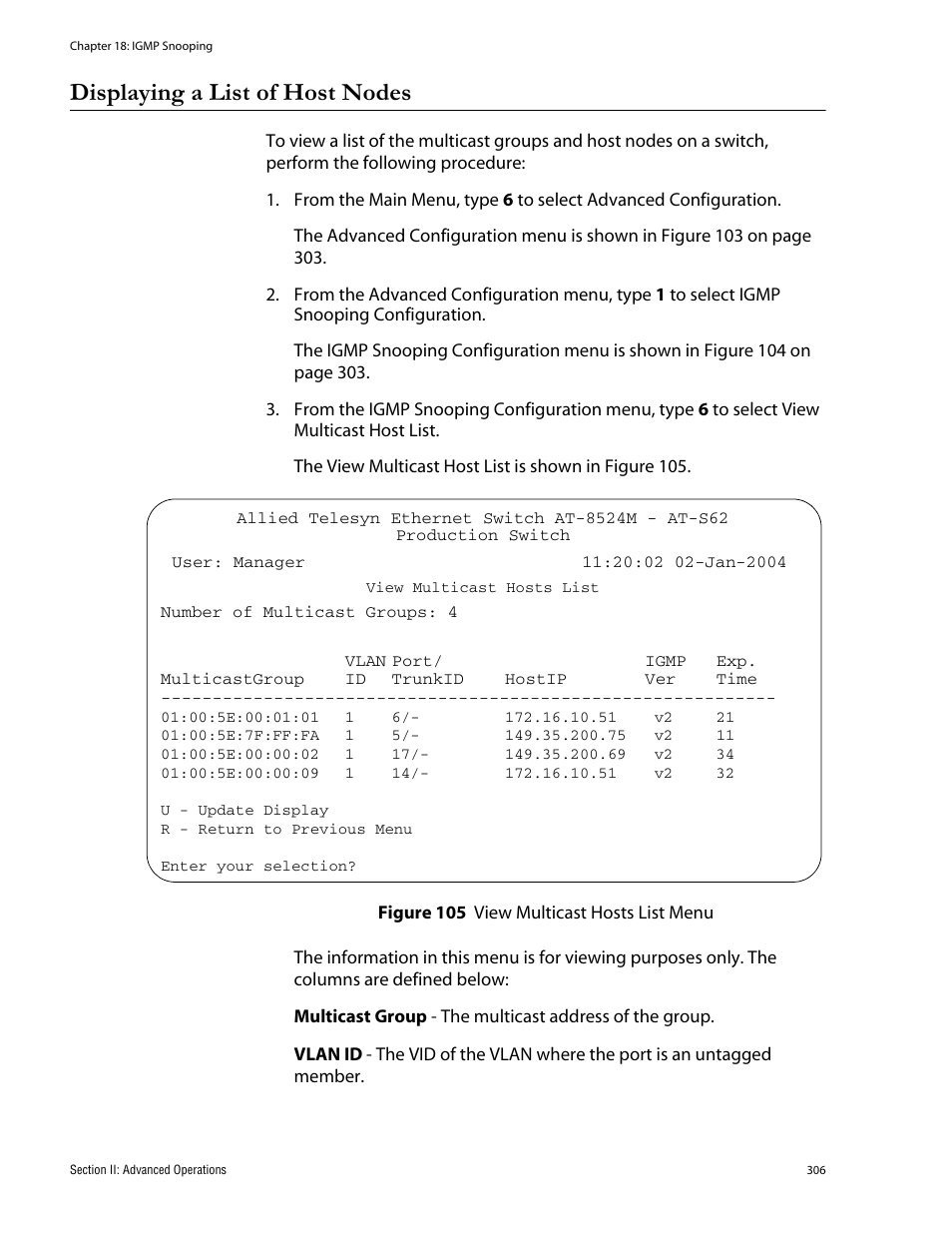 Displaying a list of host nodes, Figure 105: view multicast hosts list menu | Allied Telesis AT-S62 User Manual | Page 306 / 760