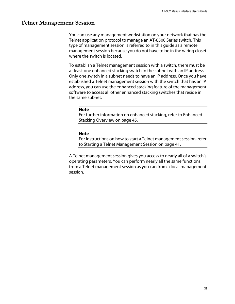 Telnet management session | Allied Telesis AT-S62 User Manual | Page 31 / 760