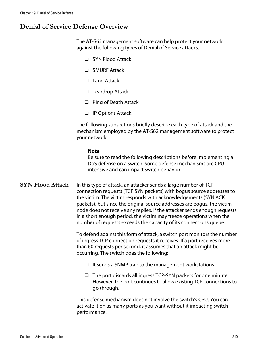 Denial of service defense overview, Syn flood attack | Allied Telesis AT-S62 User Manual | Page 310 / 760