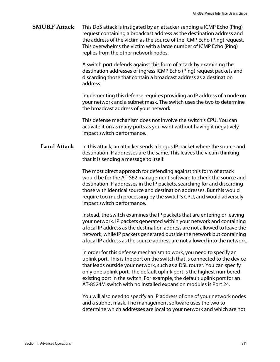 Smurf attack, Land attack, Smurf attack land attack | Allied Telesis AT-S62 User Manual | Page 311 / 760