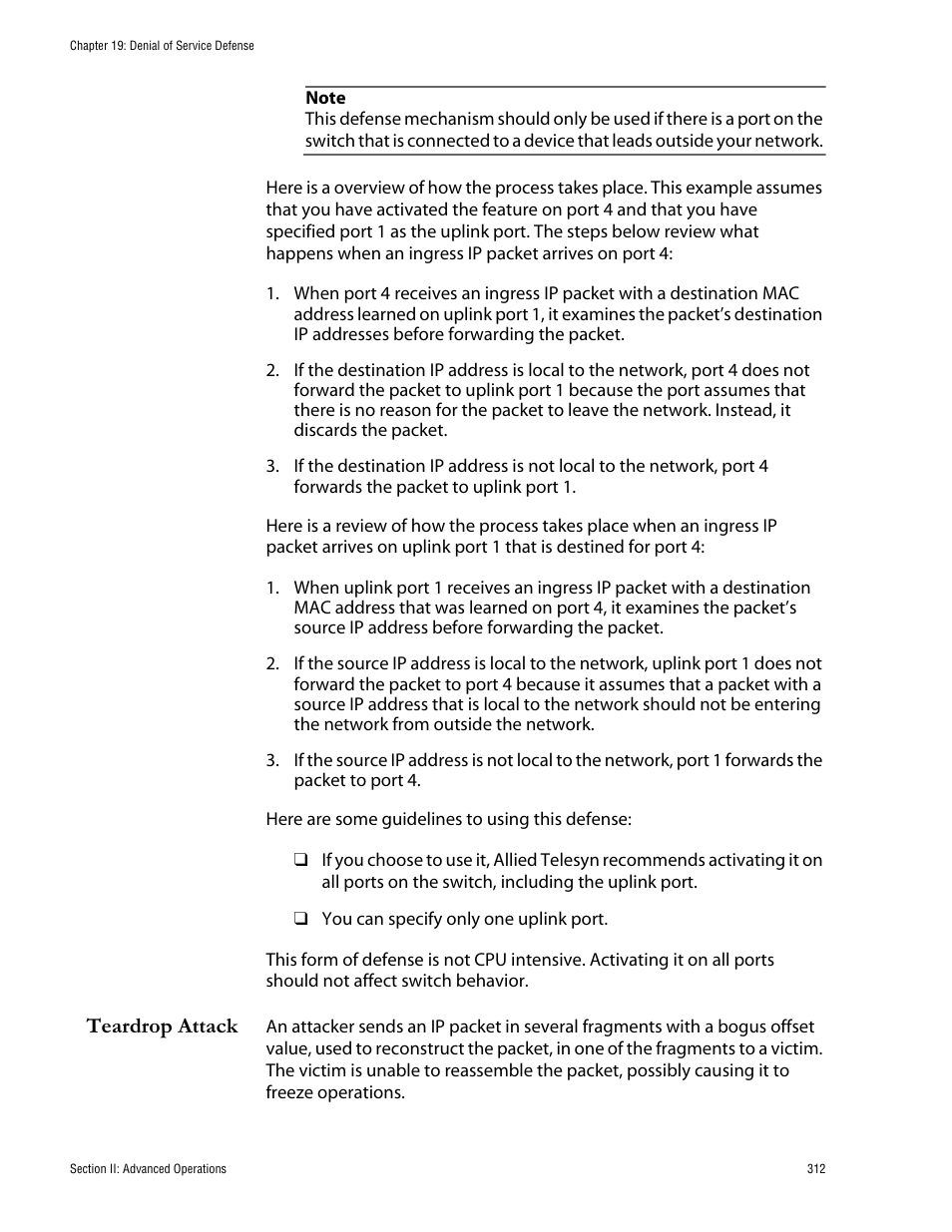 Teardrop attack | Allied Telesis AT-S62 User Manual | Page 312 / 760