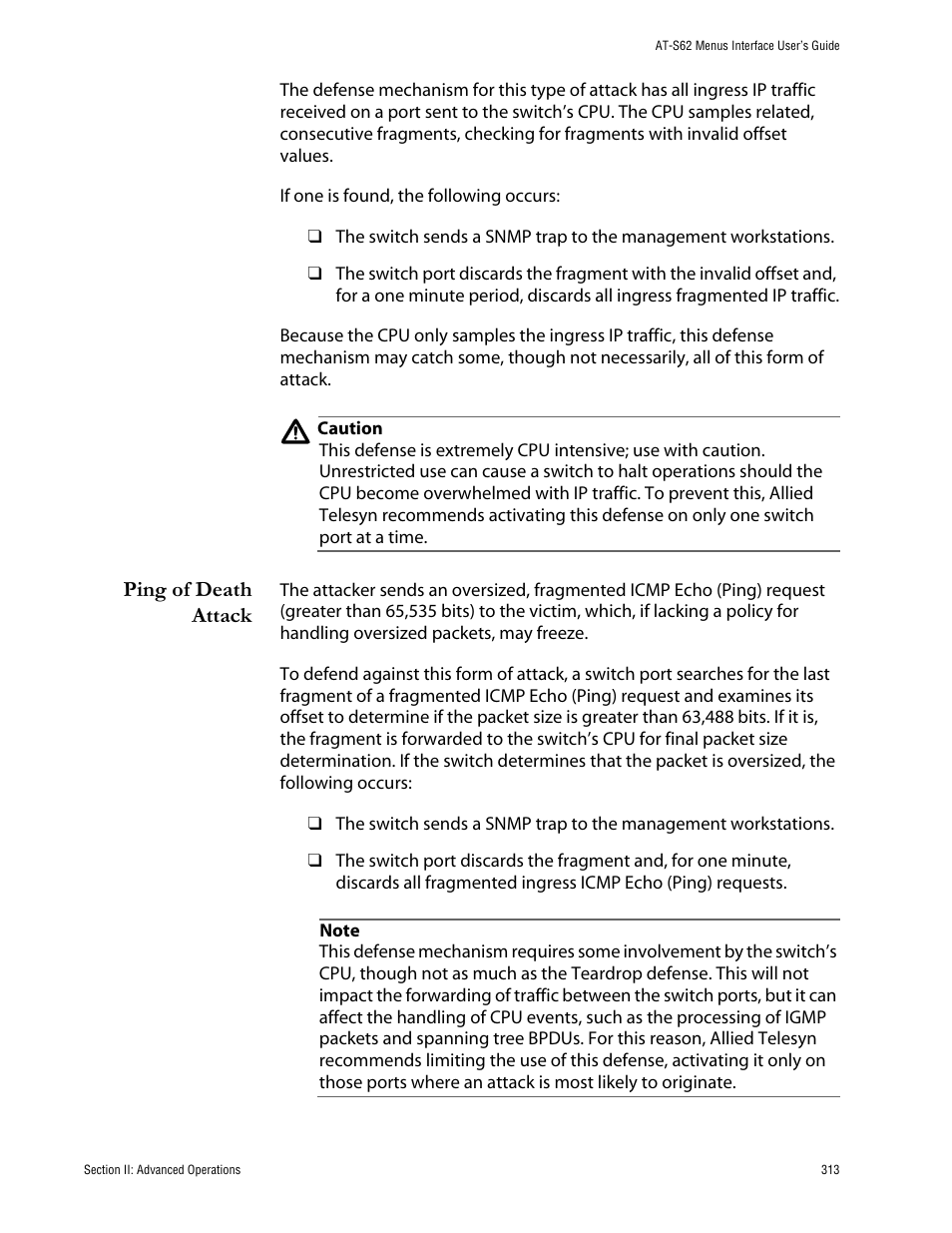 Ping of death attack | Allied Telesis AT-S62 User Manual | Page 313 / 760