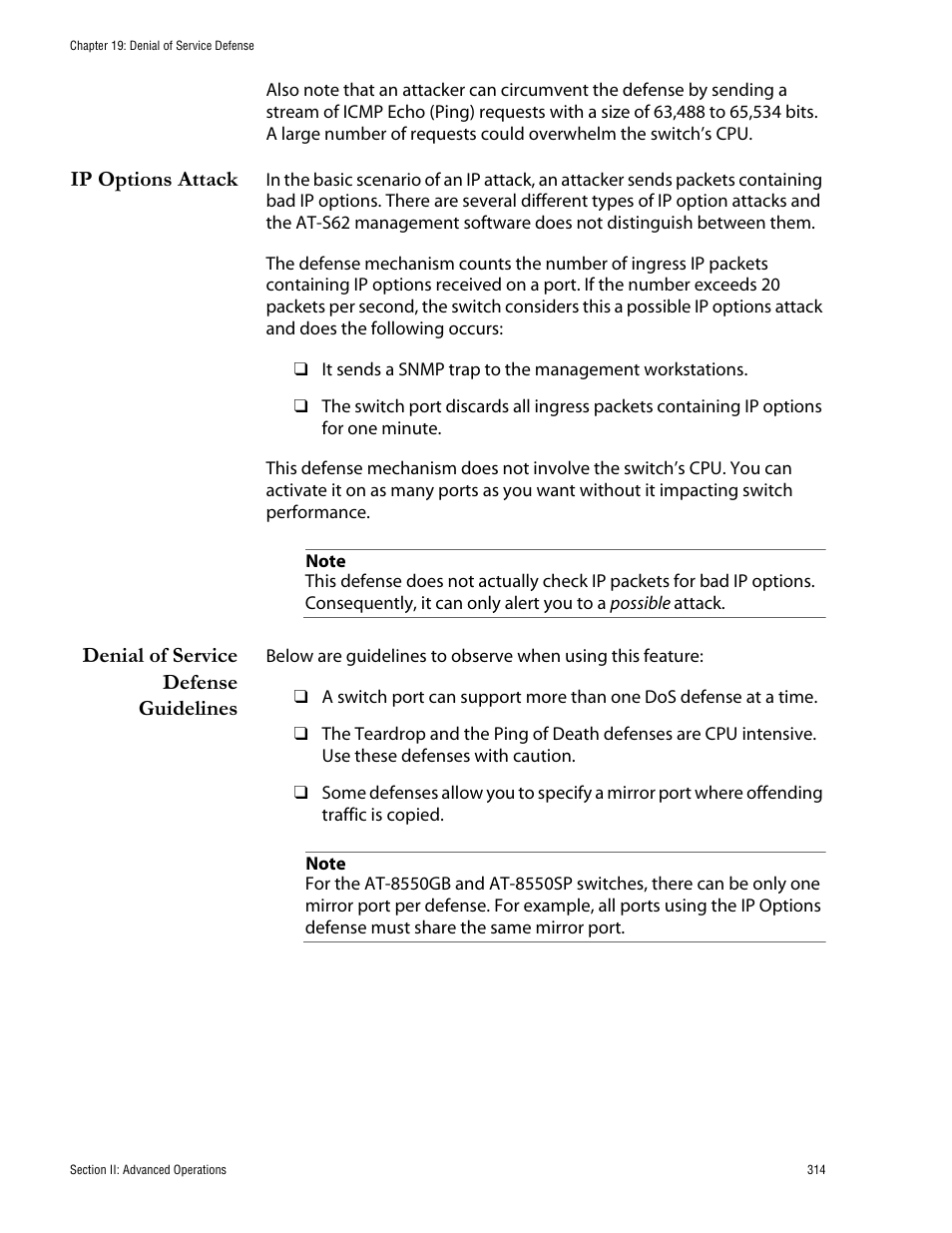 Ip options attack, Denial of service defense guidelines | Allied Telesis AT-S62 User Manual | Page 314 / 760