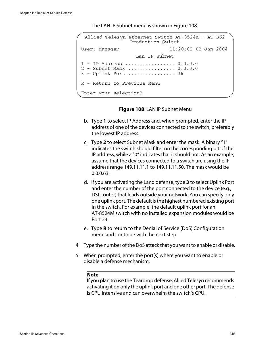 Figure 108: lan ip subnet menu | Allied Telesis AT-S62 User Manual | Page 316 / 760