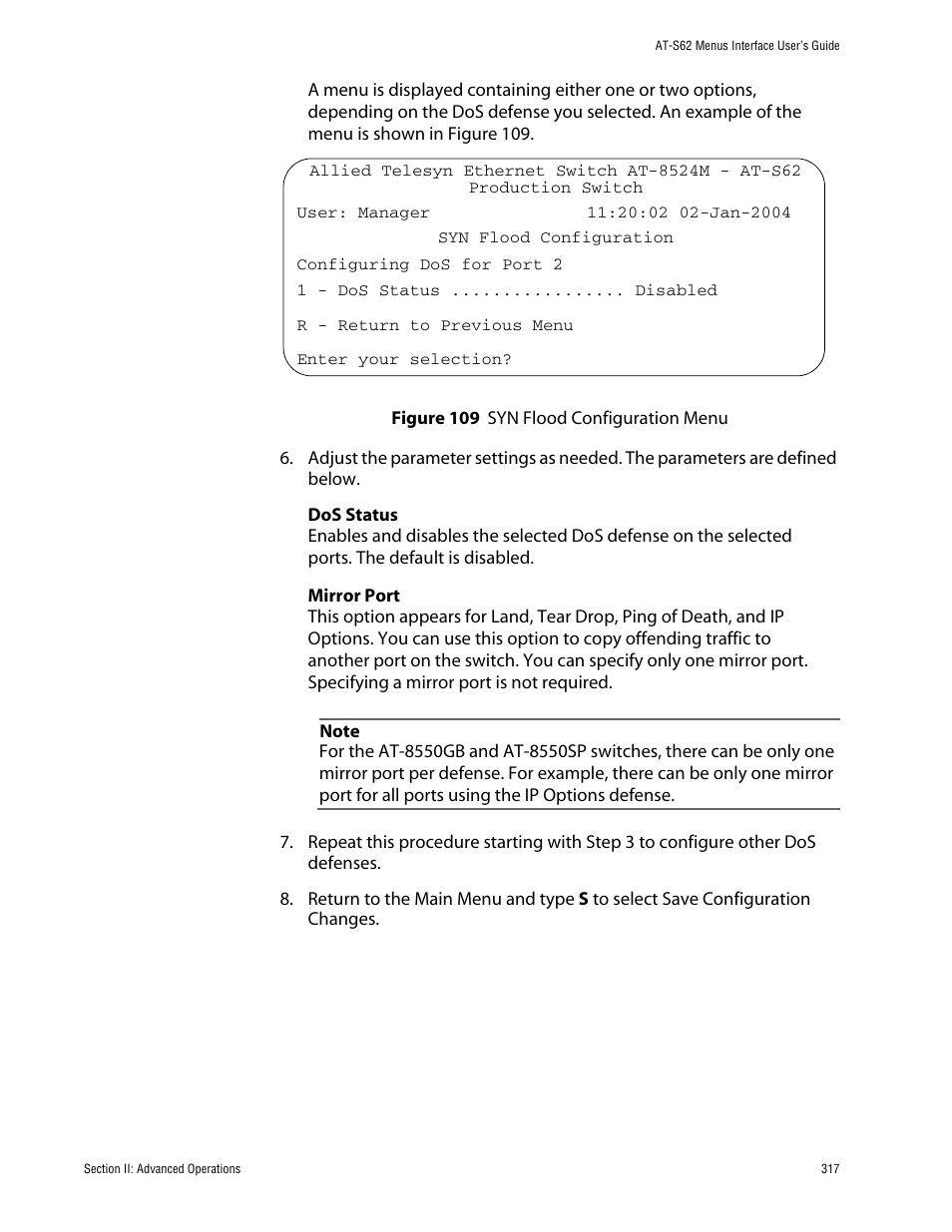 Figure 109: syn flood configuration menu | Allied Telesis AT-S62 User Manual | Page 317 / 760