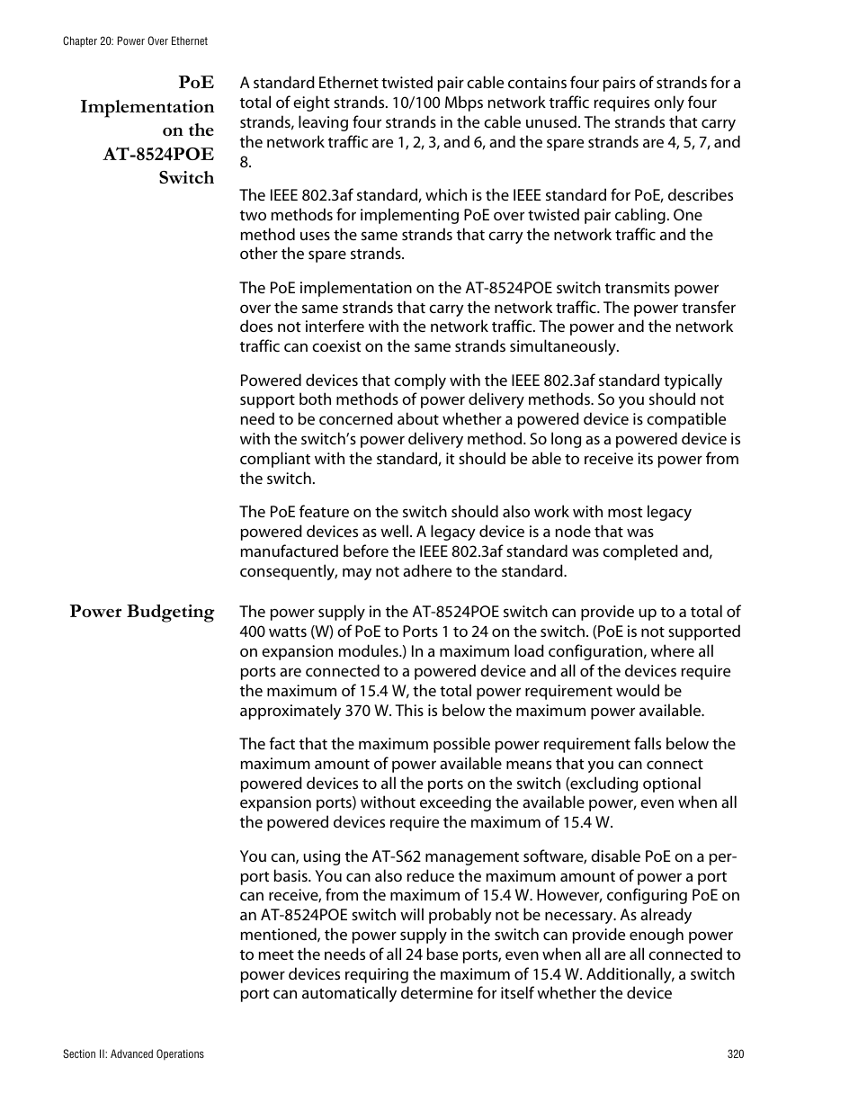 Poe implementation on the at-8524poe switch, Power budgeting | Allied Telesis AT-S62 User Manual | Page 320 / 760