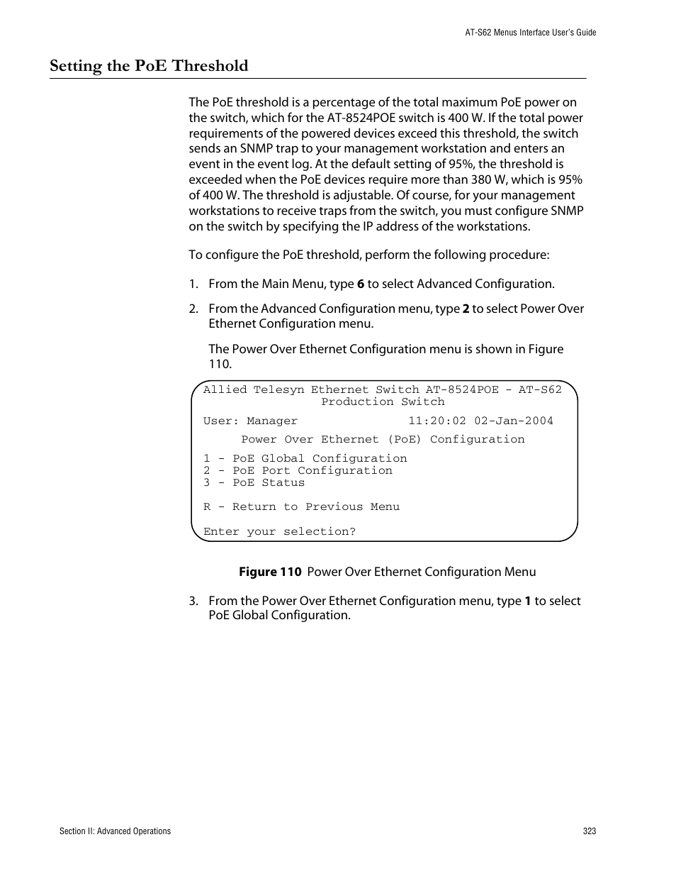 Setting the poe threshold, Figure 110: power over ethernet configuration menu | Allied Telesis AT-S62 User Manual | Page 323 / 760