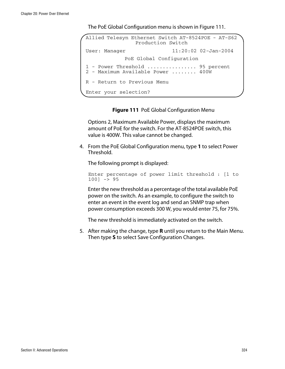 Figure 111: poe global configuration menu | Allied Telesis AT-S62 User Manual | Page 324 / 760