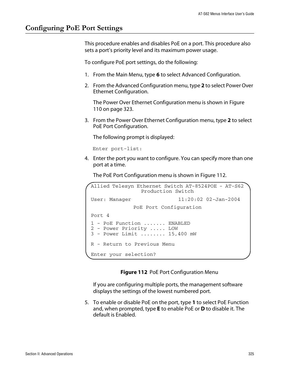 Configuring poe port settings, Figure 112: poe port configuration menu | Allied Telesis AT-S62 User Manual | Page 325 / 760