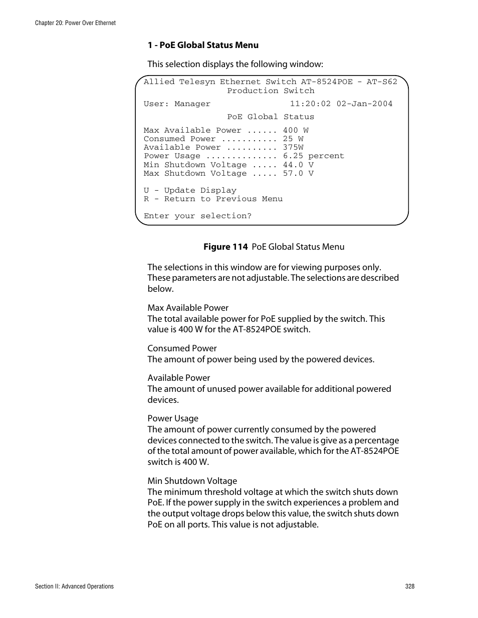 Figure 114: poe global status menu | Allied Telesis AT-S62 User Manual | Page 328 / 760