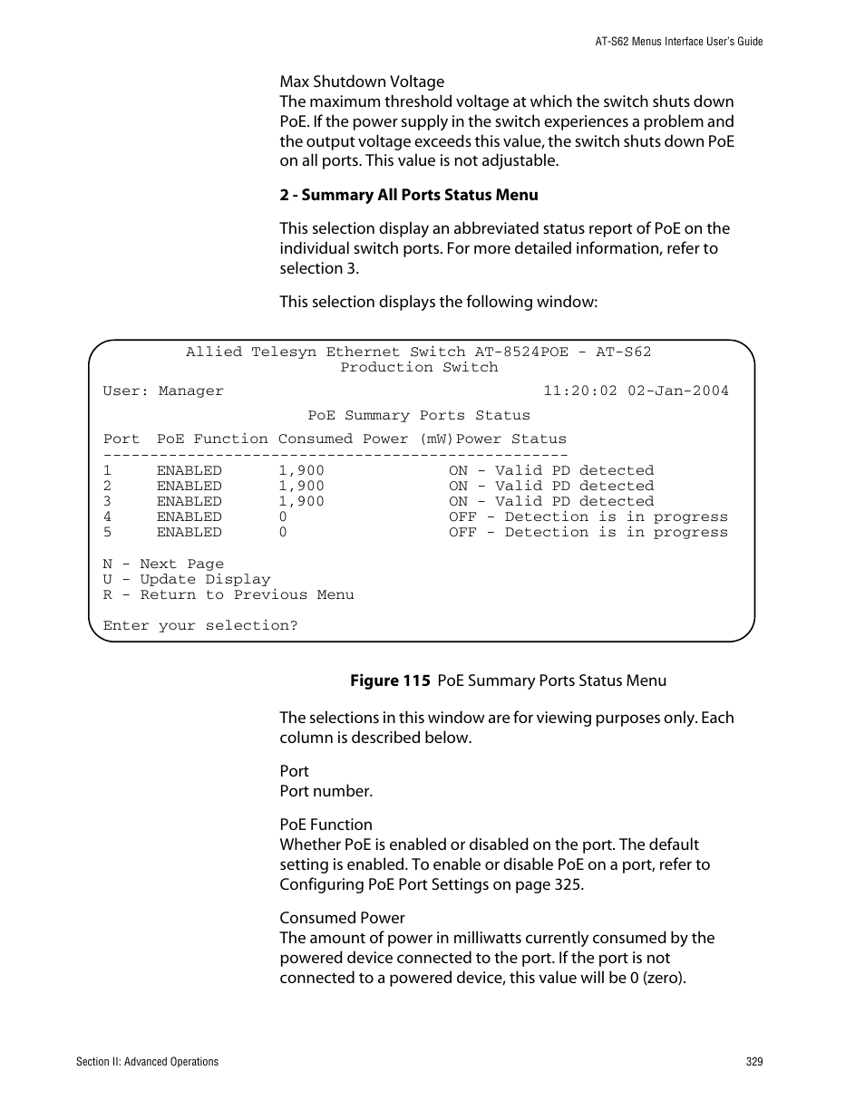 Figure 115: poe summary ports status menu | Allied Telesis AT-S62 User Manual | Page 329 / 760