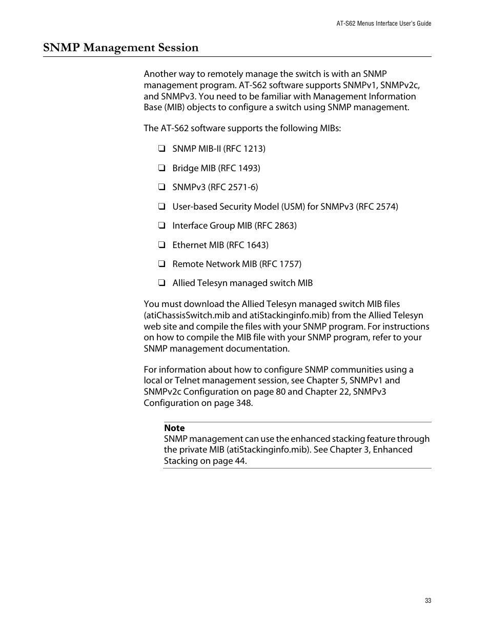 Snmp management session | Allied Telesis AT-S62 User Manual | Page 33 / 760