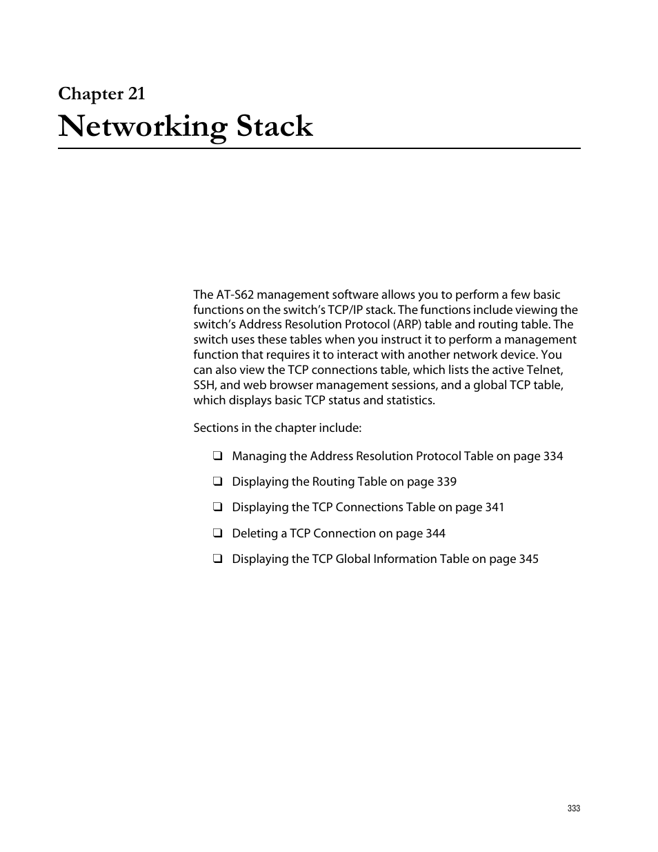 Chapter 21, Networking stack, Chapter 21 networking stack | Allied Telesis AT-S62 User Manual | Page 333 / 760