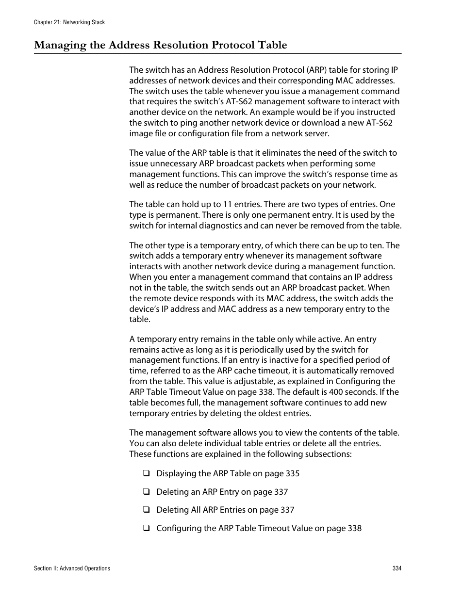 Managing the address resolution protocol table | Allied Telesis AT-S62 User Manual | Page 334 / 760