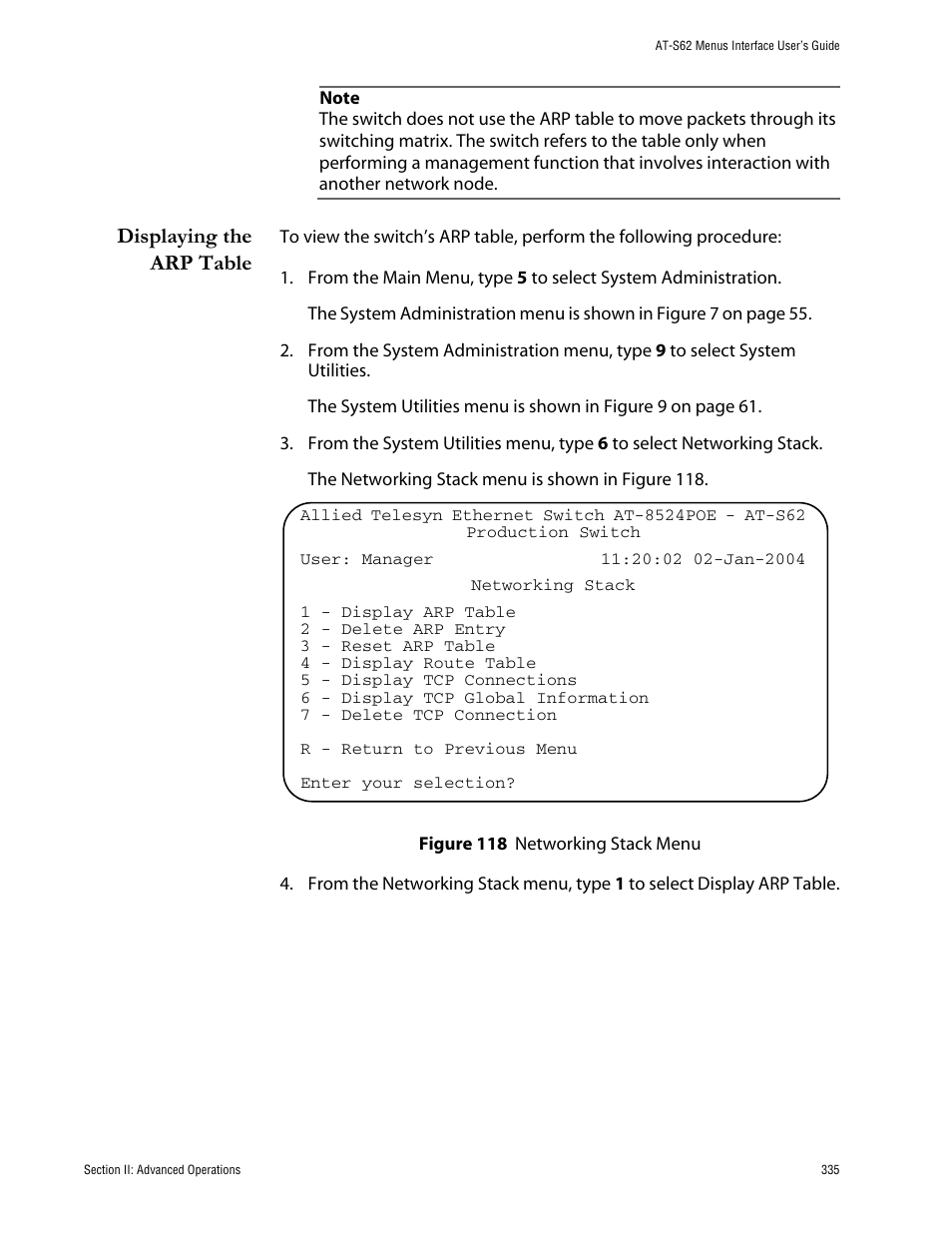 Displaying the arp table, Figure 118: networking stack menu | Allied Telesis AT-S62 User Manual | Page 335 / 760