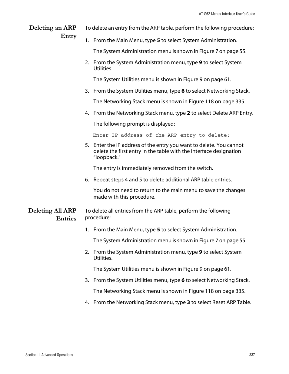 Deleting an arp entry, Deleting all arp entries, Deleting an arp entry deleting all arp entries | Allied Telesis AT-S62 User Manual | Page 337 / 760
