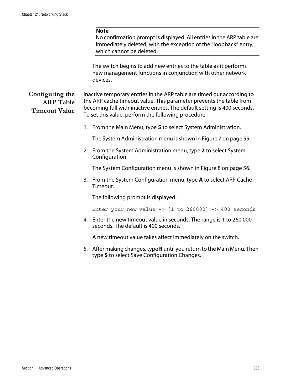 Configuring the arp table timeout value | Allied Telesis AT-S62 User Manual | Page 338 / 760