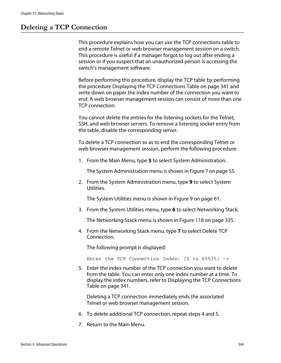 Deleting a tcp connection | Allied Telesis AT-S62 User Manual | Page 344 / 760
