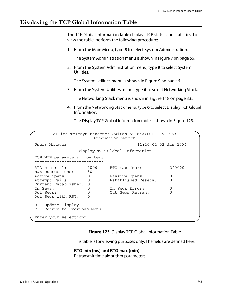 Displaying the tcp global information table, Figure 123: display tcp global information table | Allied Telesis AT-S62 User Manual | Page 345 / 760