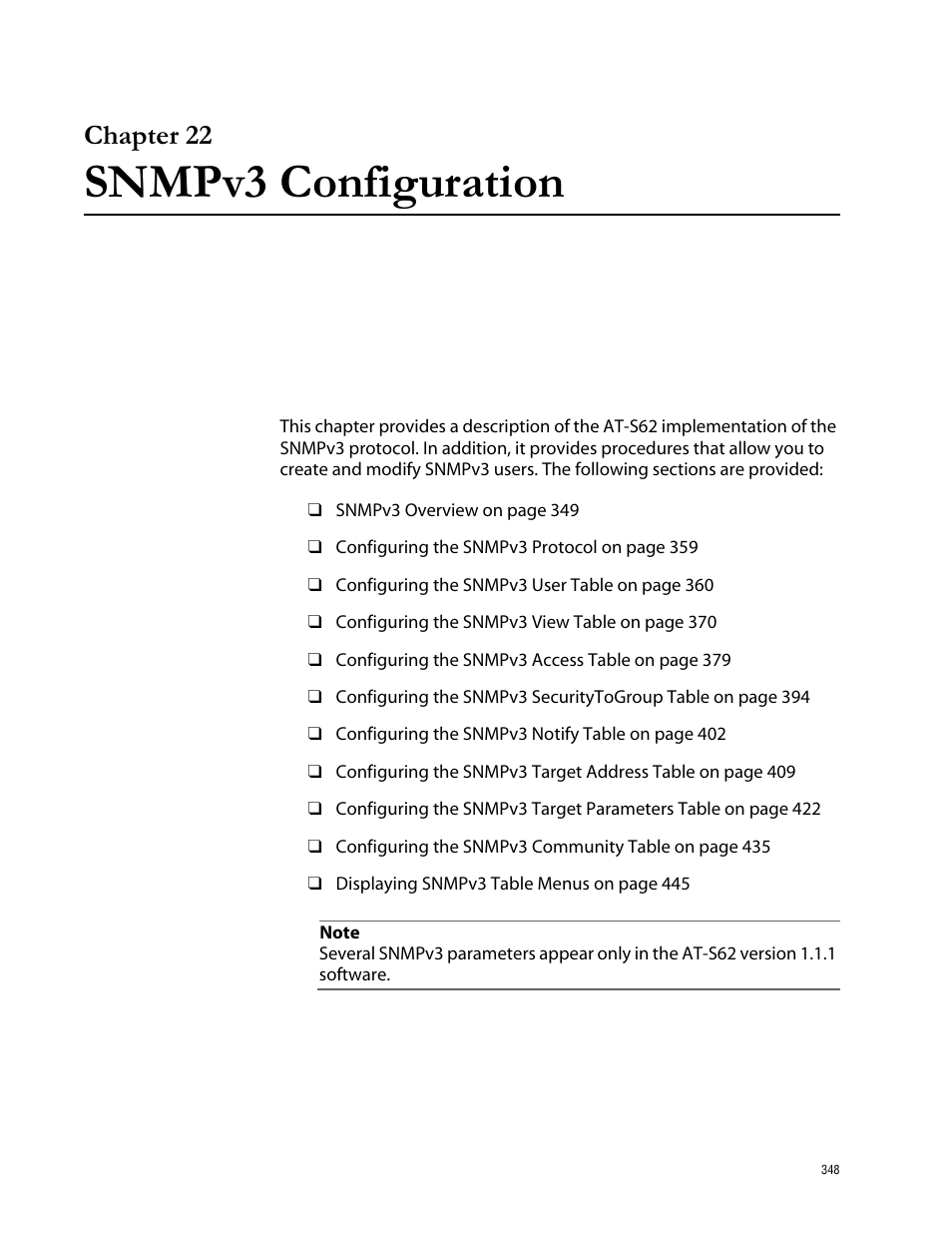 Chapter 22, Snmpv3 configuration, Chapter 22 snmpv3 configuration | Allied Telesis AT-S62 User Manual | Page 348 / 760