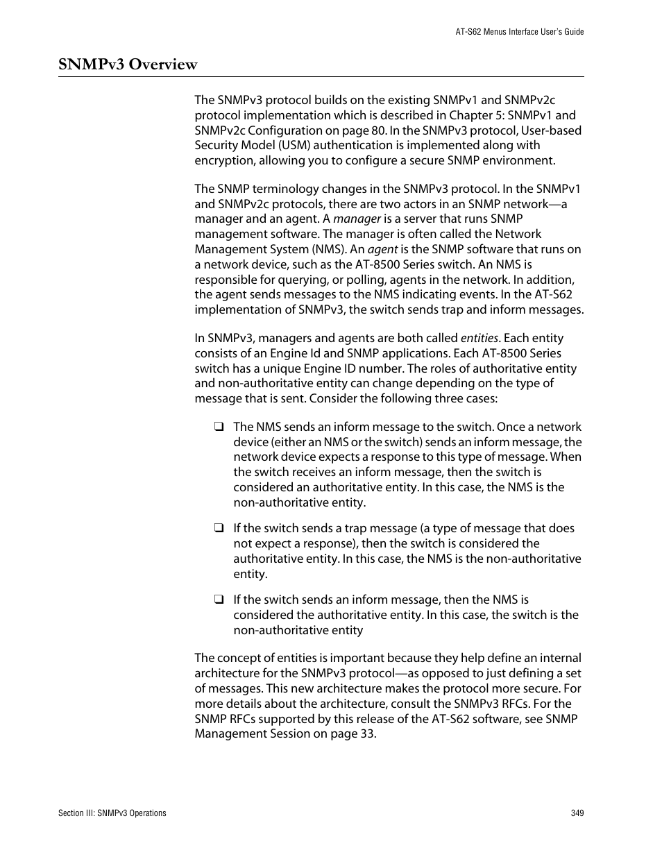Snmpv3 overview | Allied Telesis AT-S62 User Manual | Page 349 / 760