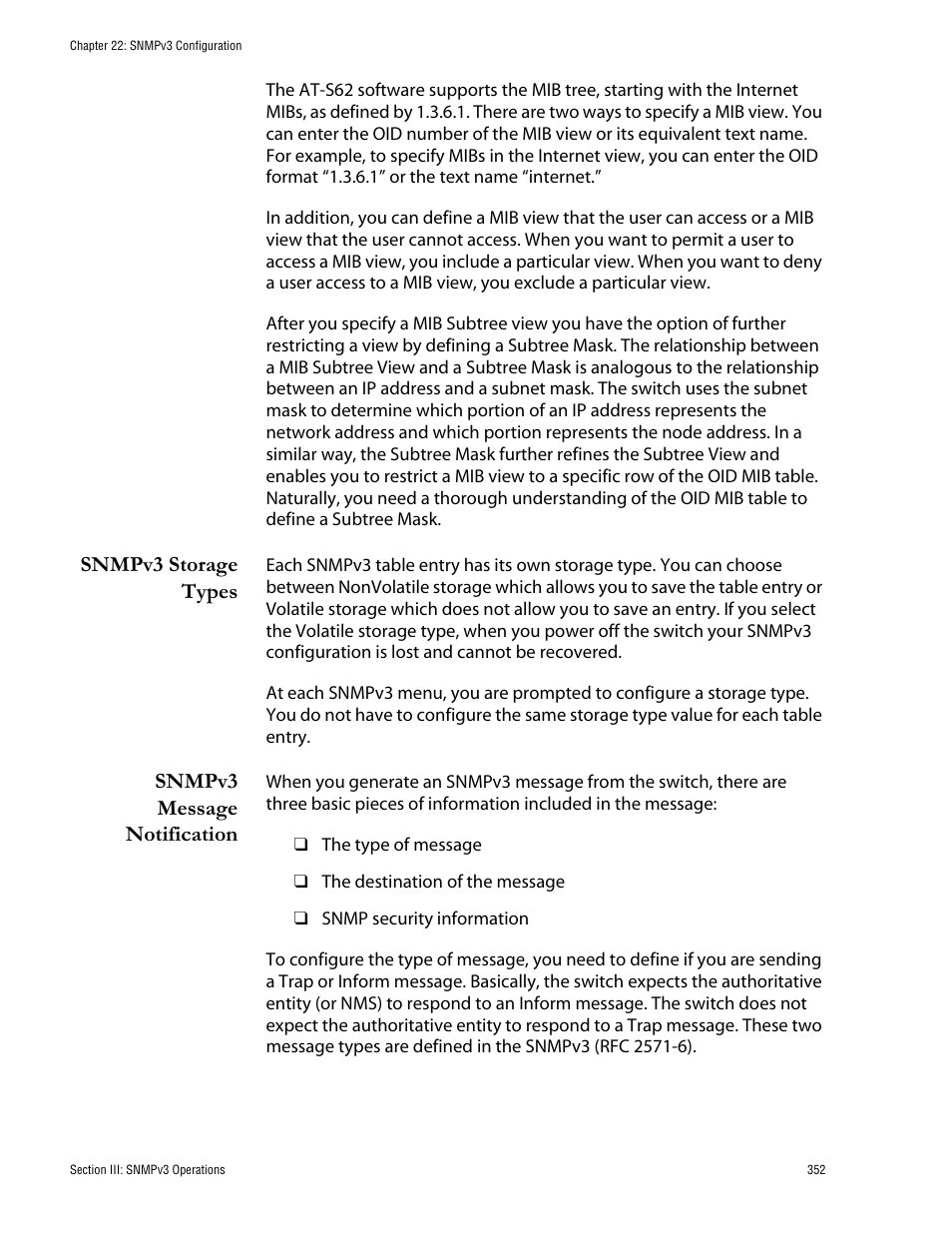 Snmpv3 storage types, Snmpv3 message notification, Snmpv3 storage types snmpv3 message notification | Allied Telesis AT-S62 User Manual | Page 352 / 760