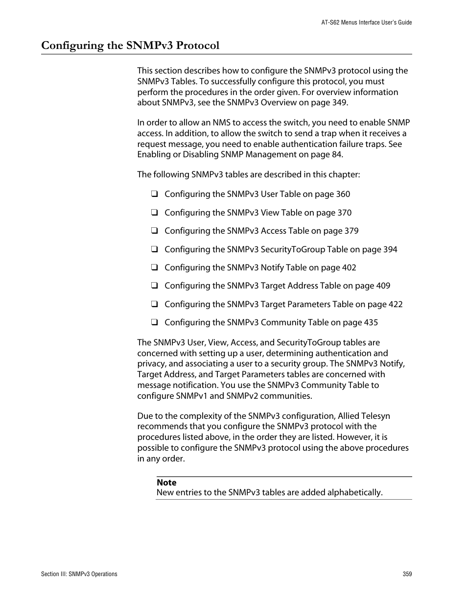 Configuring the snmpv3 protocol | Allied Telesis AT-S62 User Manual | Page 359 / 760