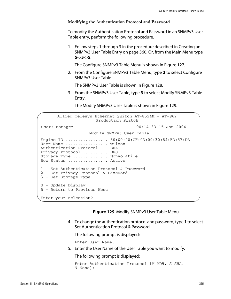 Figure 129: modify snmpv3 user table menu | Allied Telesis AT-S62 User Manual | Page 365 / 760