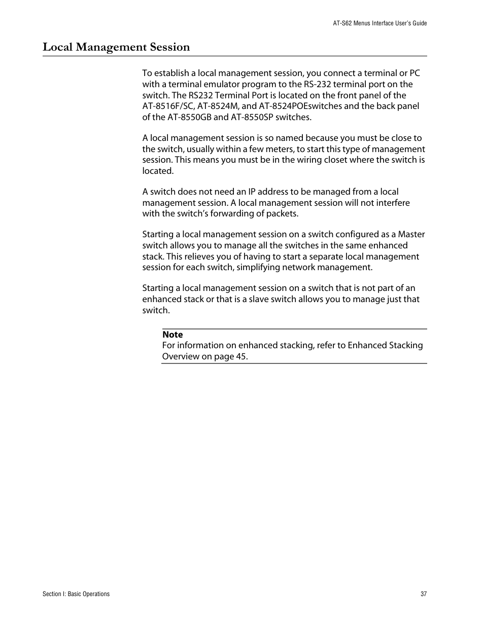 Local management session | Allied Telesis AT-S62 User Manual | Page 37 / 760