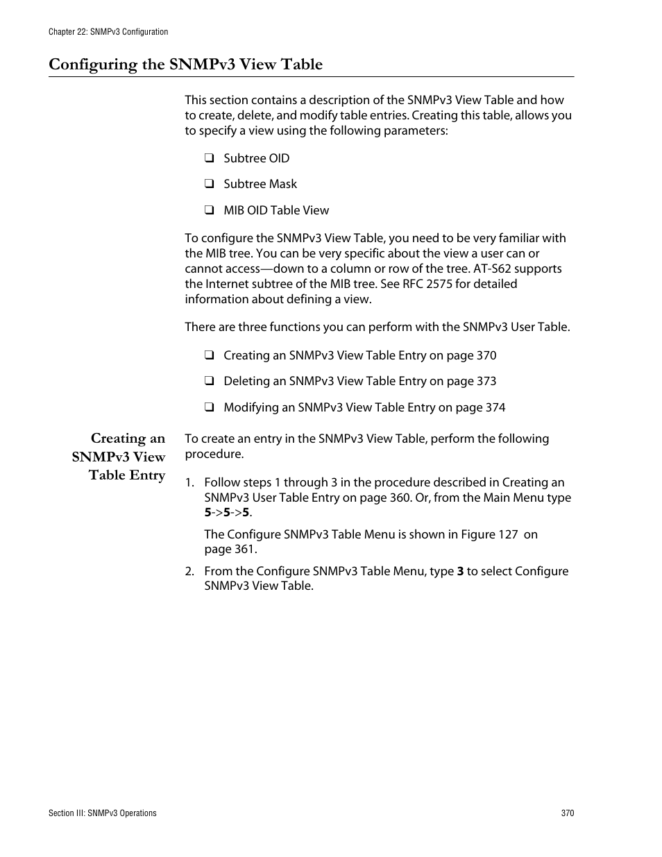 Configuring the snmpv3 view table, Creating an snmpv3 view table entry | Allied Telesis AT-S62 User Manual | Page 370 / 760