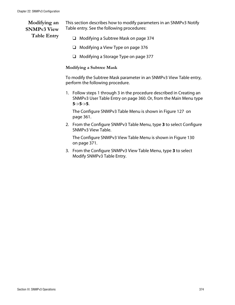 Modifying an snmpv3 view table entry | Allied Telesis AT-S62 User Manual | Page 374 / 760