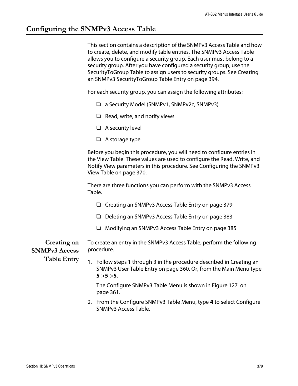 Configuring the snmpv3 access table, Creating an snmpv3 access table entry | Allied Telesis AT-S62 User Manual | Page 379 / 760