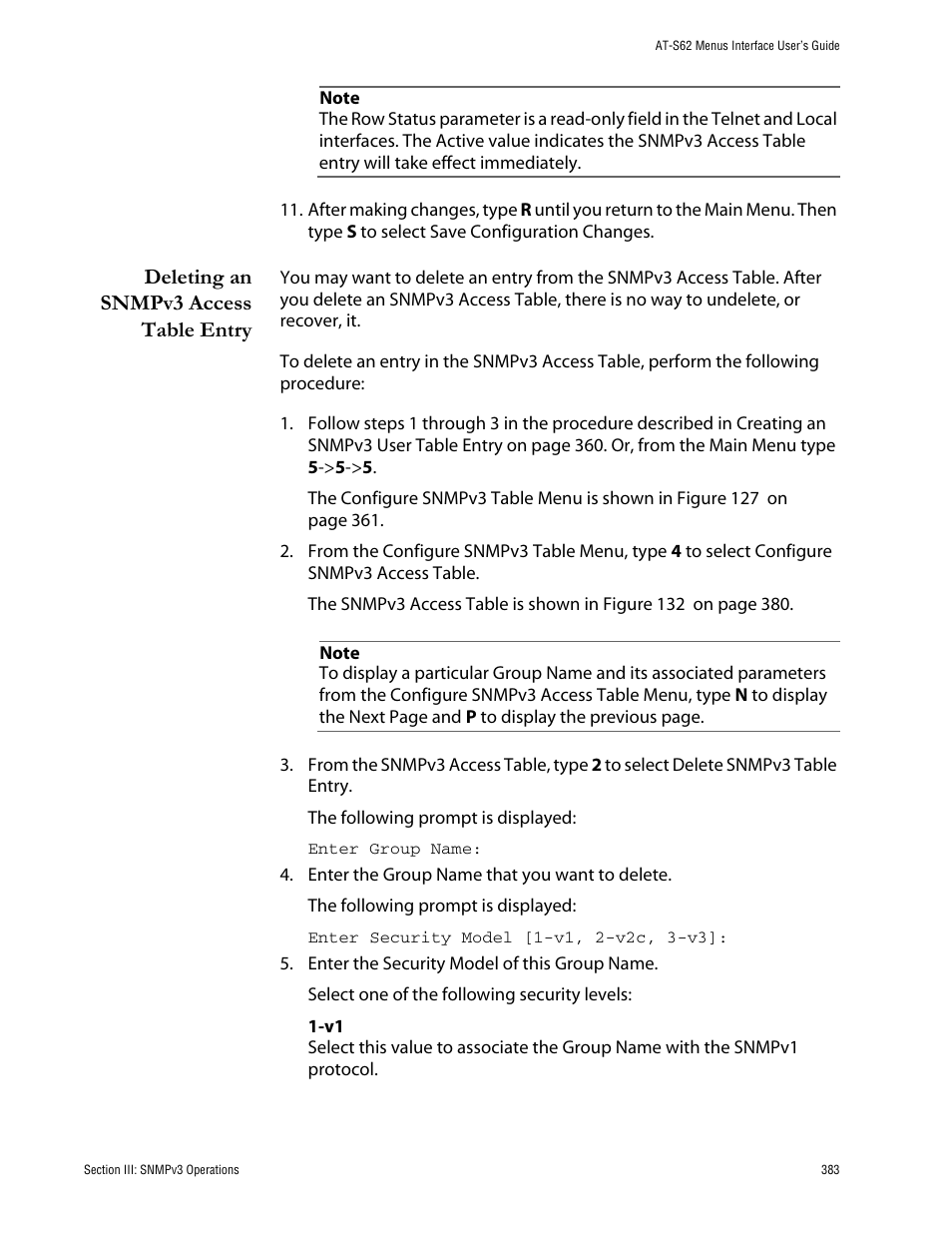 Deleting an snmpv3 access table entry | Allied Telesis AT-S62 User Manual | Page 383 / 760