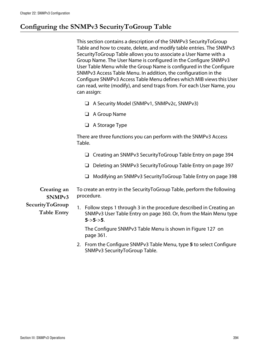 Configuring the snmpv3 securitytogroup table, Creating an snmpv3 securitytogroup table entry | Allied Telesis AT-S62 User Manual | Page 394 / 760
