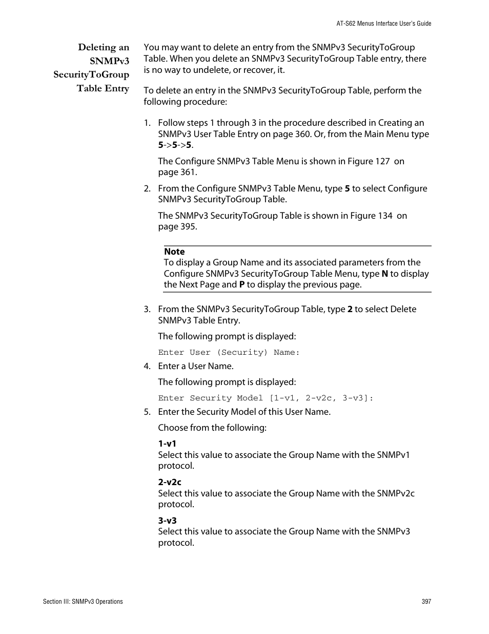 Deleting an snmpv3 securitytogroup table entry | Allied Telesis AT-S62 User Manual | Page 397 / 760