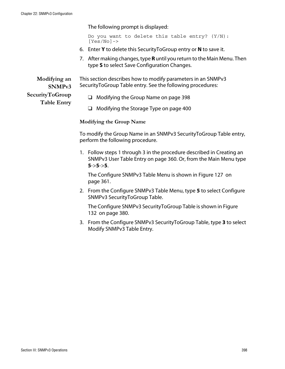 Modifying an snmpv3 securitytogroup table entry | Allied Telesis AT-S62 User Manual | Page 398 / 760