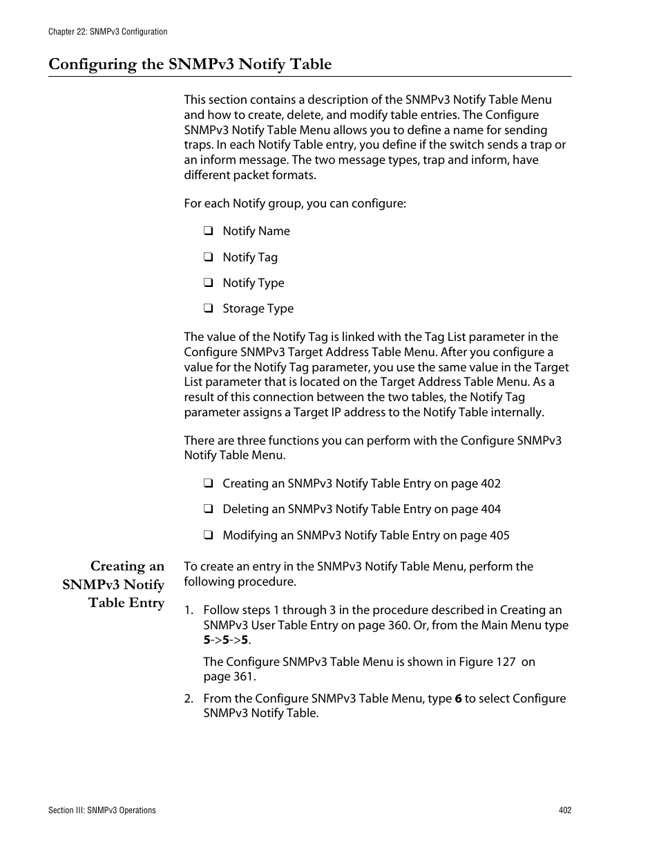 Configuring the snmpv3 notify table, Creating an snmpv3 notify table entry | Allied Telesis AT-S62 User Manual | Page 402 / 760