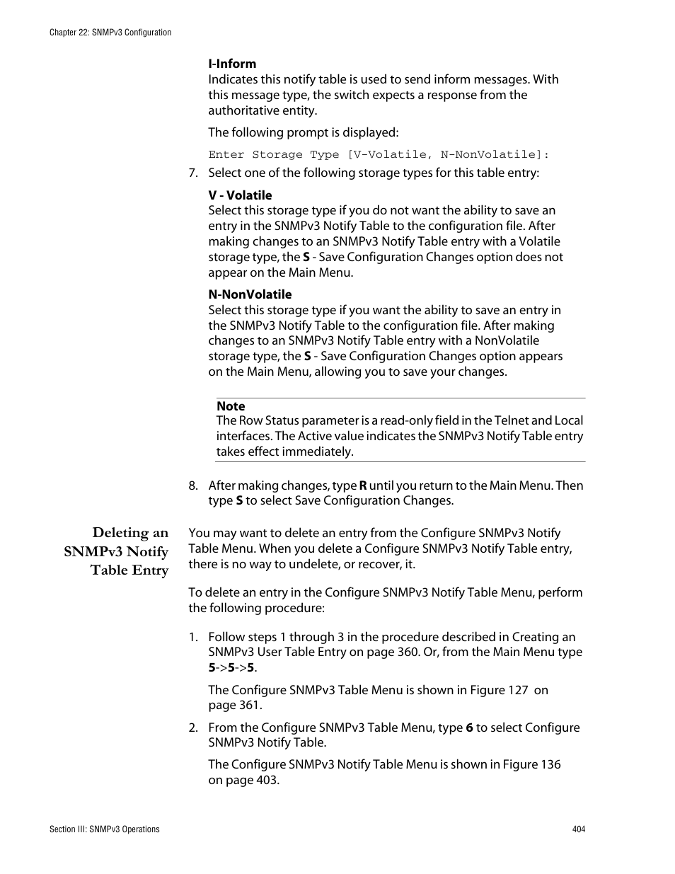 Deleting an snmpv3 notify table entry | Allied Telesis AT-S62 User Manual | Page 404 / 760