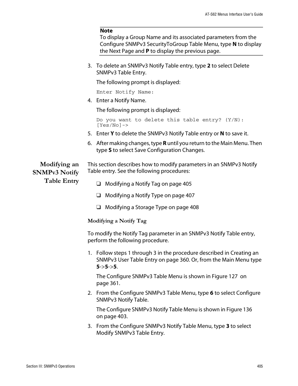 Modifying an snmpv3 notify table entry | Allied Telesis AT-S62 User Manual | Page 405 / 760