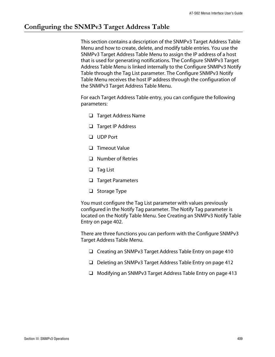 Configuring the snmpv3 target address table | Allied Telesis AT-S62 User Manual | Page 409 / 760